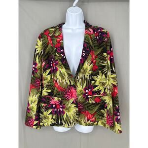 Chicos Jacket Womens Large 2 Black Floral Blazer Tropical Button Green Colorful